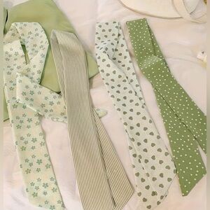 Set of 4 Green Twilly Scarves Floral Polka Dot Stripe Hearts Twillies Silk
